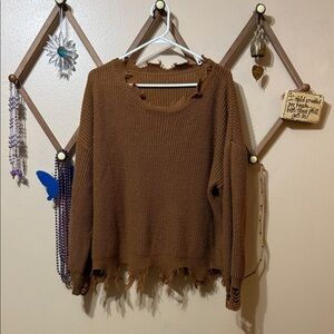 SHEIN Brown Distressed Crew Neck Sweater
